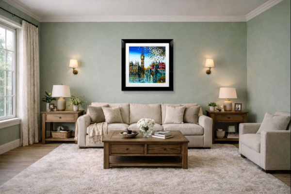 View from Westminster Bridge by Simon Wright, original painting, in room