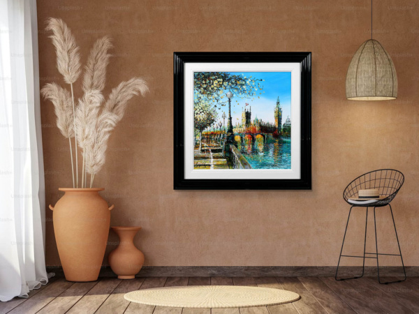 Spring On The Thames by Simon Wright, original painting, in room