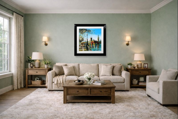 Spring On The Thames by Simon Wright, original painting, in room