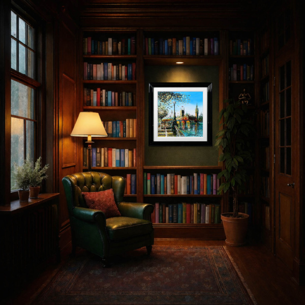 Spring On The Thames by Simon Wright, original painting, in room