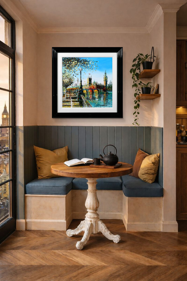 Spring On The Thames by Simon Wright, original painting, in room