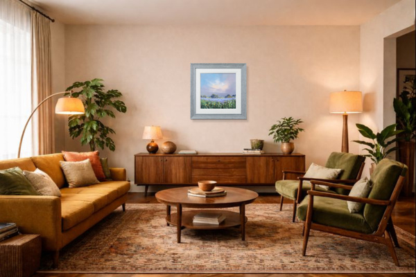 Cool Meadow Light by Allan Morgan, original painting, in room