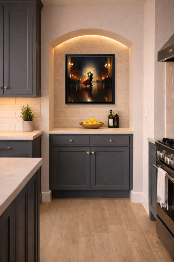 Courtyard Serenade by Leander, limited edition print, in room