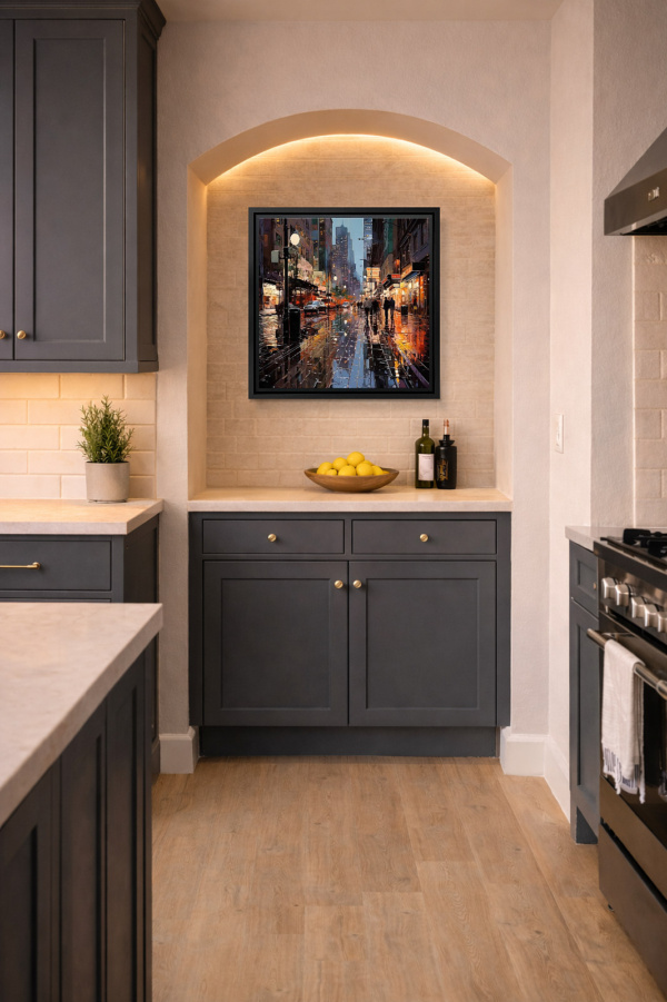 Downtown Reflections by Leander, limited edition print, in room