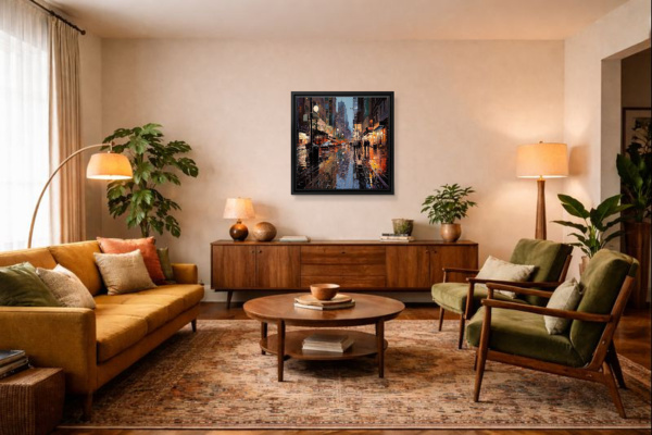 Downtown Reflections by Leander, limited edition print, in room