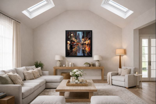 Downtown Reflections by Leander, limited edition print, in room