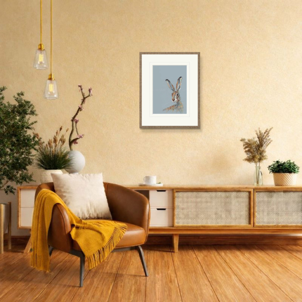 Bright Eyed, Posing Hare by Nicky Litchfield, limited edition print, in room