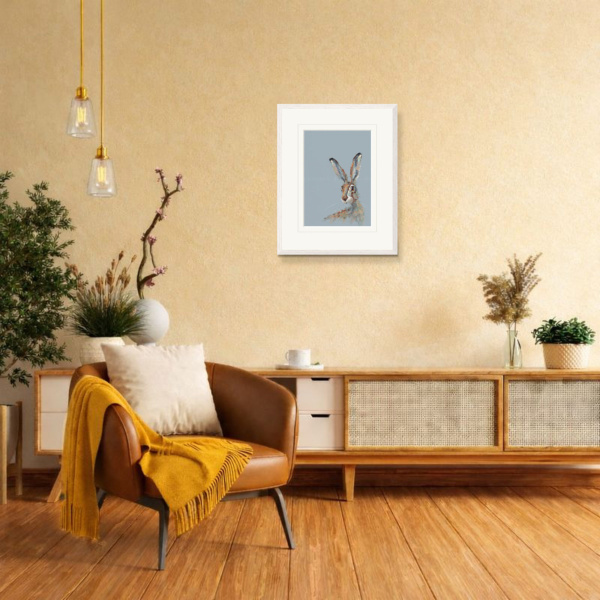 Bright Eyed, Posing Hare by Nicky Litchfield, limited edition print, in room