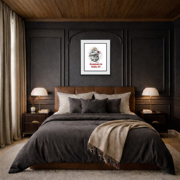 Headphones On, Reality Off by Scott Tetlow, limited edition print, in room