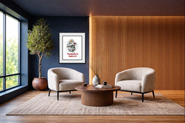Headphones On, Reality Off by Scott Tetlow, limited edition print, in room
