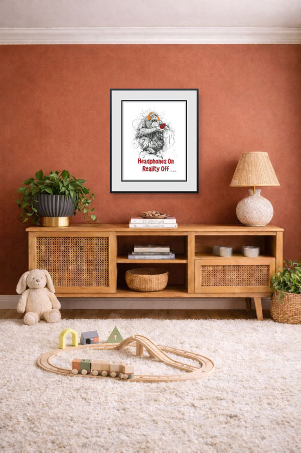 Headphones On, Reality Off by Scott Tetlow, limited edition print, in room