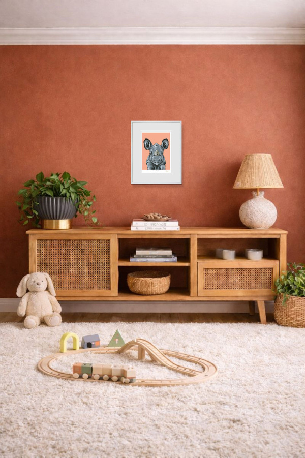 Rhino Rumble by Amy Louise, limited edition print, in room