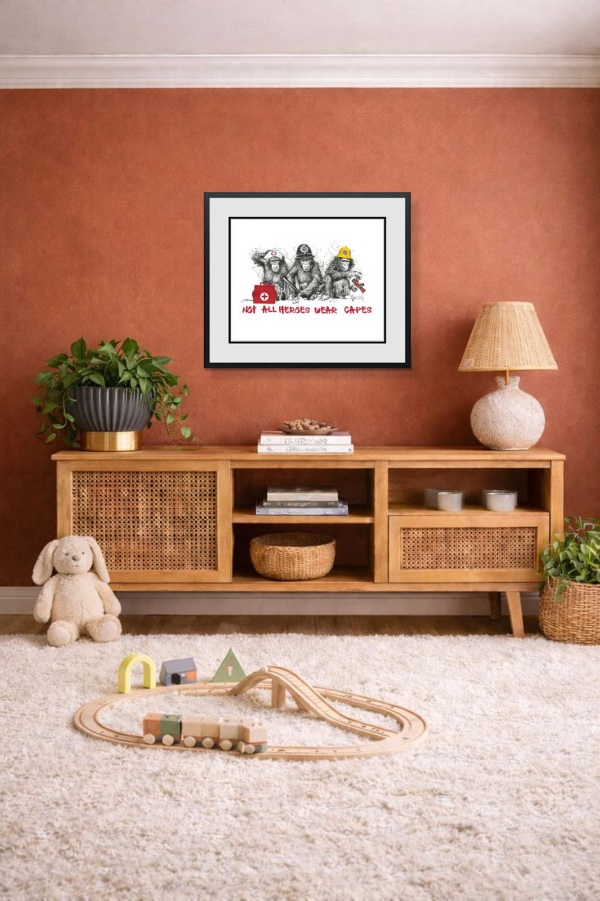 Not All Heroes Wear Capes by Scott Tetlow, limited edition print, in room