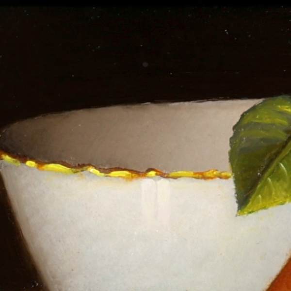 Two Pears and Porcelain Bowl by Ronald Berger, original painting, detail