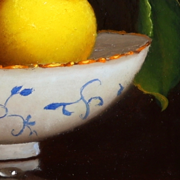 Lemons on Porcelain Bowl by Ronald Berger, original painting, detail