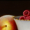 Raspberries on Porcelain Bowl and Peach by Ronald Berger, original painting, detail