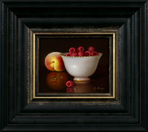 Raspberries on Porcelain Bowl and Peach, Ronald Berger