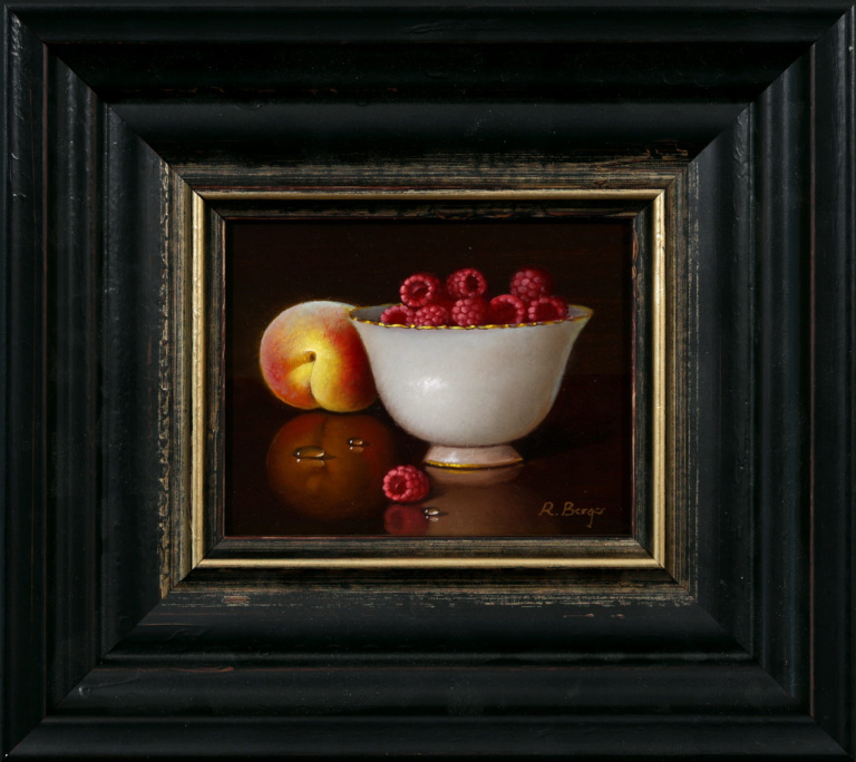 Raspberries on Porcelain Bowl and Peach