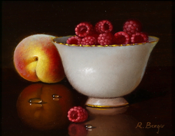 Raspberries on Porcelain Bowl and Peach by Ronald Berger, original painting