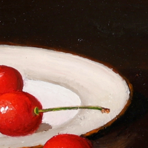 Cherries on Porcelain Plate by Ronald Berger, original painting, detail