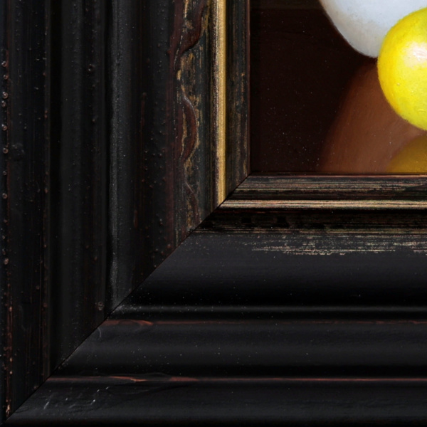 Two Apples and Porcelain Bowl by Ronald Berger, original painting, detail