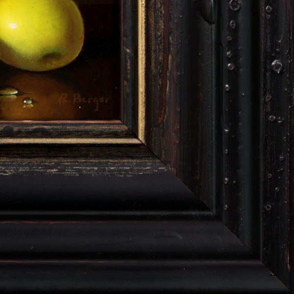 Two Apples and Porcelain Bowl by Ronald Berger, original painting, detail
