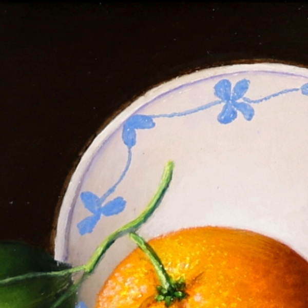 Tangerines on Porcelain Bowl by Ronald Berger, original painting, detail